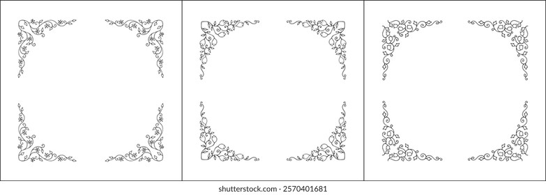 Set of three vector decorative frames, vegetal ornamental frame with flowers, decorative border, corners, black and white. Isolated vector illustration.	
