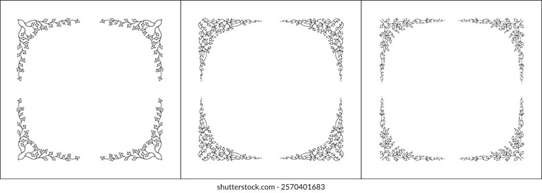 Set of three vector decorative frames, vegetal ornamental frame with flowers, decorative border, corners, black and white. Isolated vector illustration.	
