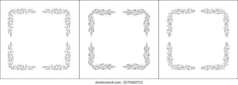 Set of three vector decorative frames, vegetal ornamental frame with leaves and flowers, decorative border, corners, black and white. Isolated vector illustration.