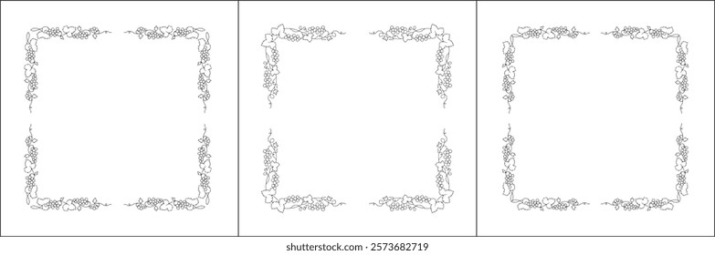 Set of three vector decorative frames. Vegetal frame with grapevine, decorative corners for greeting cards, banners, business cards, invitations, menus. Isolated vector illustration.	