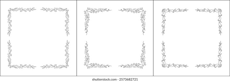 Set of three vector decorative frames, vegetal ornamental frame with flowers, decorative border, corners, black and white. Isolated vector illustration.