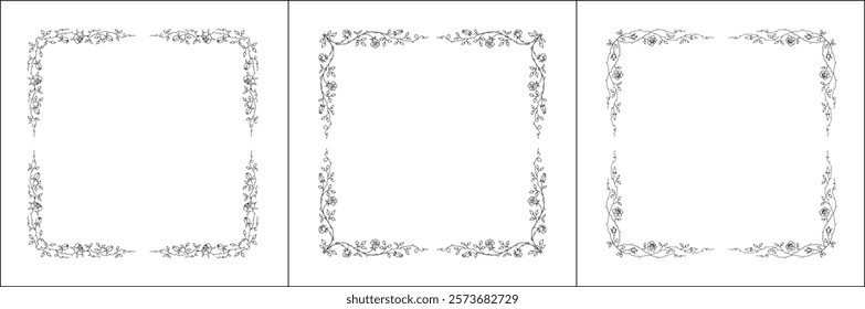 Set of three vector decorative frames, vegetal ornamental frame with rose flowers, climbing, decorative border, corners, black and white. Isolated vector illustration.