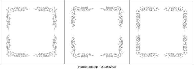 Set of three vector decorative frames. Vegetal frame with grapevine, decorative corners for greeting cards, banners, business cards, invitations, menus. Isolated vector illustration.	