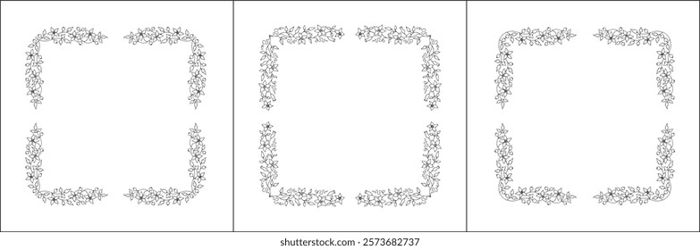 Set of three vector decorative frames, vegetal ornamental frame with clematis flowers, decorative border, corners, black and white. Isolated vector illustration.	
