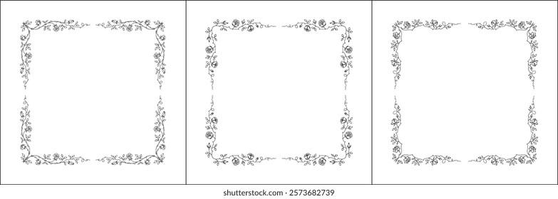 Set of three vector decorative frames, vegetal ornamental frame with rose flowers, climbing, decorative border, corners, black and white. Isolated vector illustration.