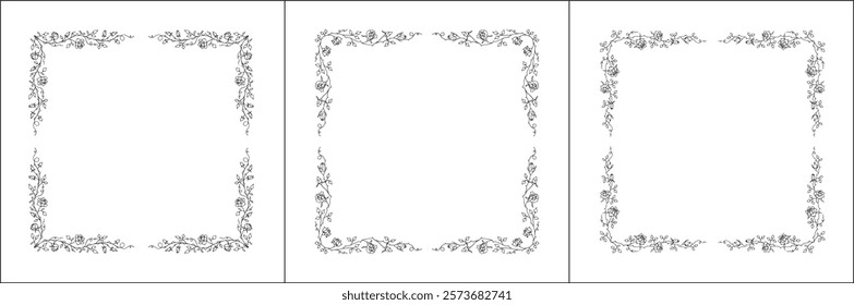 Set of three vector decorative frames, vegetal ornamental frame with rose flowers, climbing, decorative border, corners, black and white. Isolated vector illustration.