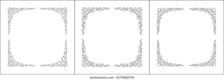 Set of three vector decorative frames, vegetal ornamental frame with bluebell flowers, decorative border, corners, black and white. Isolated vector illustration.