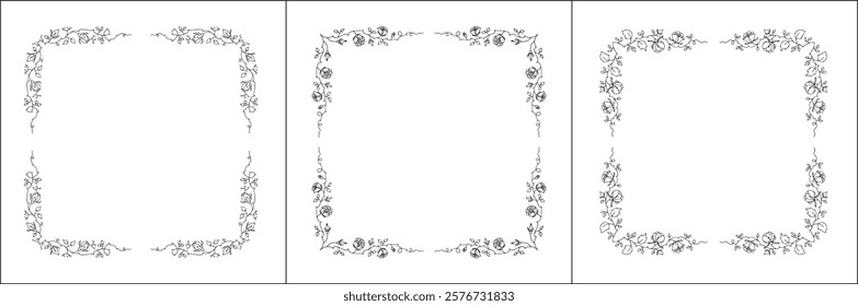 Set of three vector decorative frames, vegetal ornamental frame with rose flowers, decorative border, corners, black and white. Isolated vector illustration.