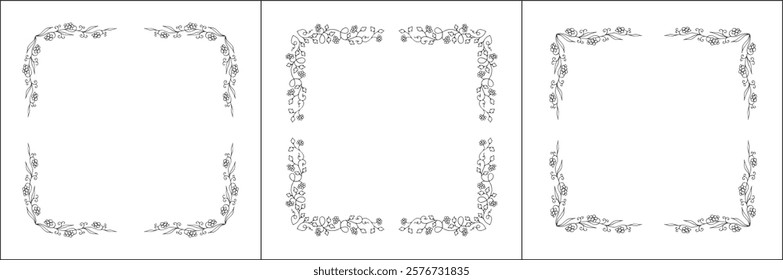 
Set of three vector decorative frames, vegetal ornamental frame with flowers, decorative border, corners, black and white. Isolated vector illustration.
