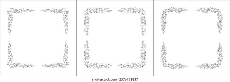 Set of three vector decorative frames, vegetal ornamental frame with flowers, decorative border, corners, black and white. Isolated vector illustration.