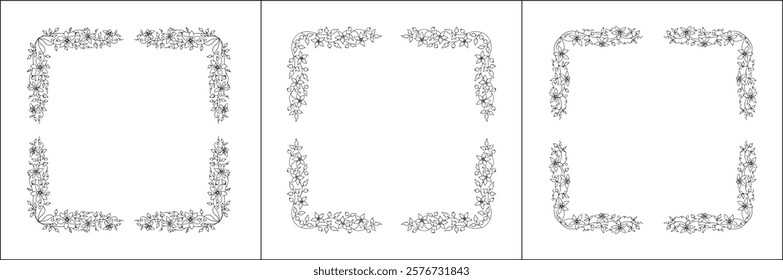 Set of three vector decorative frames, vegetal ornamental frame with clematis climbing flowers, decorative border, corners, black and white. Isolated vector illustration.