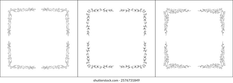 Set of three vector decorative frames, vegetal ornamental frame with flowers, decorative border, corners, black and white. Isolated vector illustration.