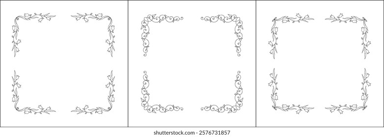 Set of three vector decorative frames, vegetal ornamental frame with flowers, decorative border, corners, black and white. Isolated vector illustration.