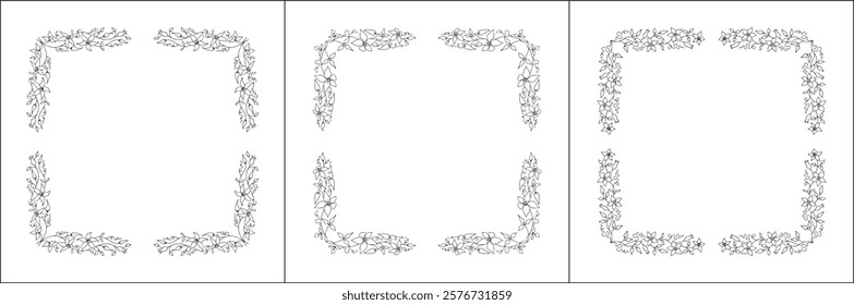 Set of three vector decorative frames, vegetal ornamental frame with clematis climbing flowers, decorative border, corners, black and white. Isolated vector illustration.