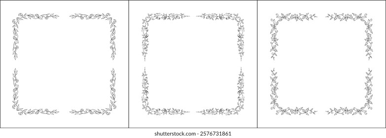 Set of three vector decorative frames, vegetal ornamental frame with flowers, decorative border, corners, black and white. Isolated vector illustration.