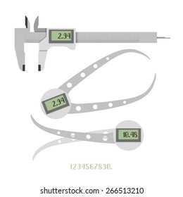 Set of three vector digital calipers with sample digits set. Inside, outside calipers and Vernier type caliper. Digital scale instruments for your project.