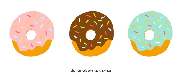 Conjunto de tres donuts vectoriales, aislados en un fondo blanco. 