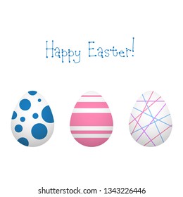 Set of three vector eggs, postcard, poster. Eggs with spots and lines of different color 
