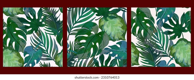 Conjunto de tres patrones vectoriales exóticos, florales. Patrón tropical sin costuras con hojas de palma exóticas y textura. Para diseño, impresión, tela, papel pintado