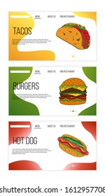 Set of three vector fast food web site templates. landing page design for website and mobile site.