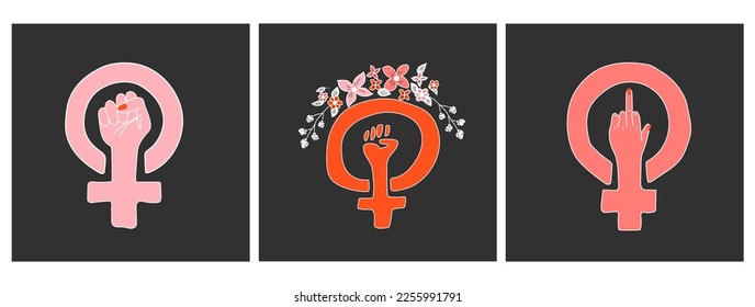 Set of three Vector of Feminism symbol. Girl power female gender. Hand drawn sketch.	