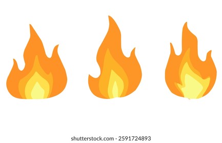 Set of three vector fire flames in a simple flat design. Bright orange and yellow gradient with unique shapes. Perfect for icons, warning signs, or game elements