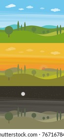 Set of three vector flat landscapes with green hills and trees and clouds in the sky in three different times of day