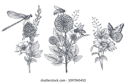 Set of three vector floral bouquets with black and white hand drawn herbs, wildflowers and insects, butterfly, bee, dragonfly in sketch style.