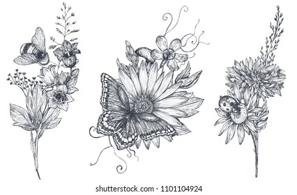 Set of three vector floral bouquets with black and white hand drawn herbs, wildflowers and insects.