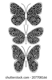 Set of three vector floral illustrations of butterfly.