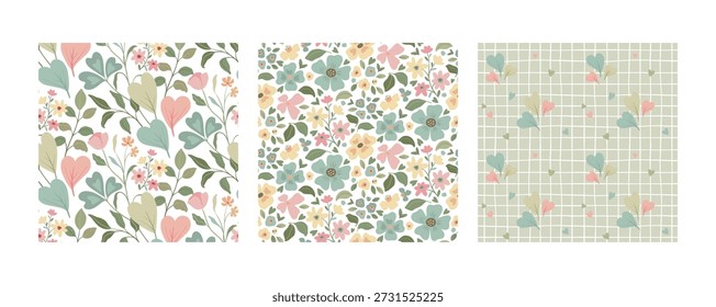 Set of three vector floral seamless patterns. A colorful endless pattern of flowers and plants. A Romantic collection.