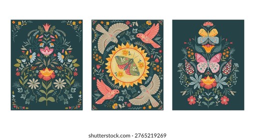 Set of three Vector Folk Nordic art posters with animals and plants. Foxes, deer. hares in the forest. Modern trendy minimal style. Hand drawn design for wall decor, print, postcard.