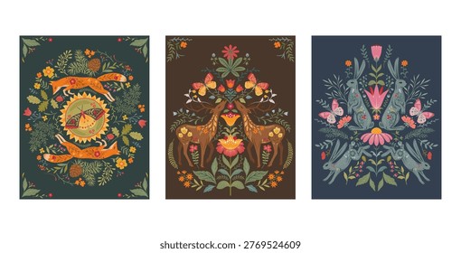 Set of three Vector Folk Nordic art posters with animals and plants. Foxes, deer. hares in the forest. Modern trendy minimal style. Hand drawn design for wall decor, print, postcard.