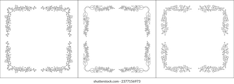 Satz von drei Vektorrahmen mit Kreidepflanzen und Blumen. Elegante, schwarz-weiße, einfarbige Zierecken. Vektorrahmen für alle Größen und Formate. Einzige Vektorgrafik.