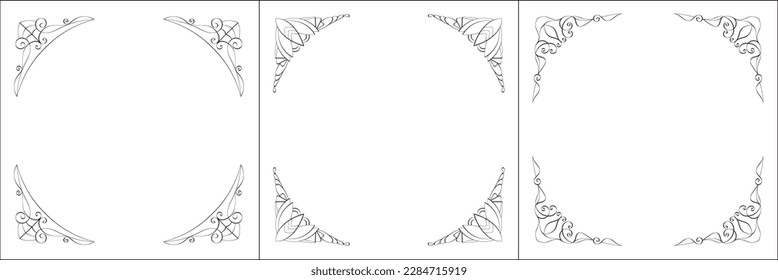 Conjunto de tres marcos vectoriales. Elegante borde ornamental en blanco y negro monocromo para tarjetas de felicitación, banners, invitaciones. Marco vectorial para todos los tamaños y formatos. Ilustración vectorial aislada.