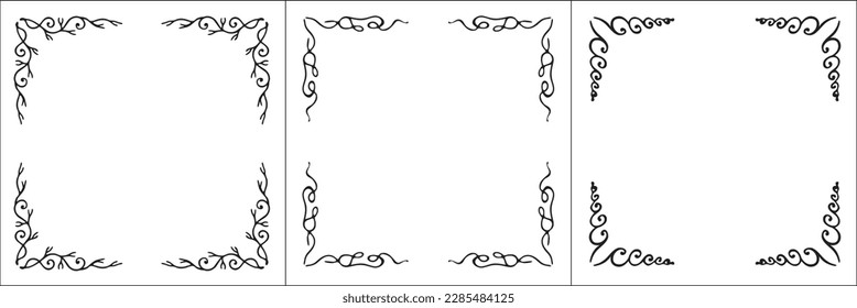 Set of three vector frames. Elegant black and white monochrome ornamental border for greeting cards, banners, invitations. Vector frame for all sizes and formats. Isolated vector illustration.
