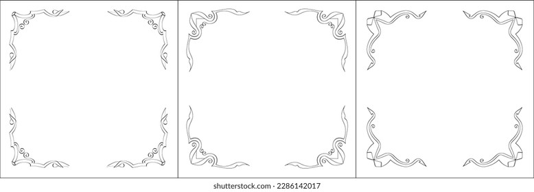 Set of three vector frames. Elegant black and white monochrome ornamental border for greeting cards, banners, invitations. Vector frame for all sizes and formats. Isolated vector illustration.