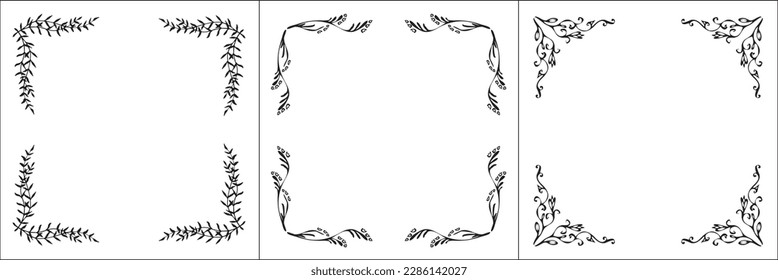 Satz von drei Vektorrahmen. Elegante schwarz-weiße, einfarbige Zierrahmen für Grußkarten, Banner, Einladungen. Vektorrahmen für alle Größen und Formate. Einzige Vektorgrafik.