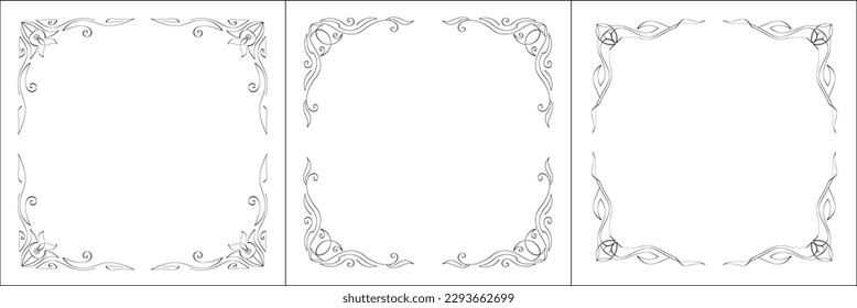 Set of three vector frames. Elegant black and white monochrome ornamental border for greeting cards, banners, invitations. Vector frame for all sizes and formats. Isolated vector illustration.