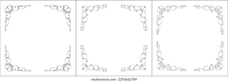 Set of three vector frames. Elegant black and white monochrome ornamental border for greeting cards, banners, invitations. Vector frame for all sizes and formats. Isolated vector illustration.