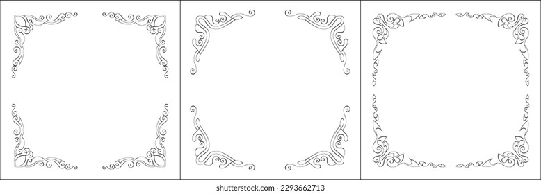 Set of three vector frames. Elegant black and white monochrome ornamental border for greeting cards, banners, invitations. Vector frame for all sizes and formats. Isolated vector illustration.