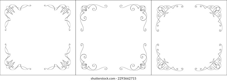 Set of three vector frames. Elegant black and white monochrome ornamental border for greeting cards, banners, invitations. Vector frame for all sizes and formats. Isolated vector illustration.