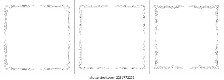 Set of three vector frames. Elegant black and white monochrome ornamental border for greeting cards, banners, invitations. Vector frame for all sizes and formats. Isolated vector illustration.