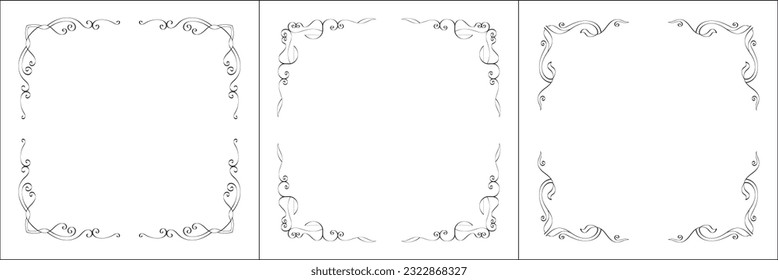 Set of three vector frames. Elegant black and white monochrome ornamental border for greeting cards, banners, invitations. Vector frame for all sizes and formats. Isolated vector illustration.