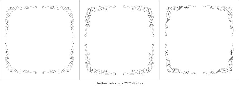 Set of three vector frames. Elegant black and white monochrome ornamental border for greeting cards, banners, invitations. Vector frame for all sizes and formats. Isolated vector illustration.