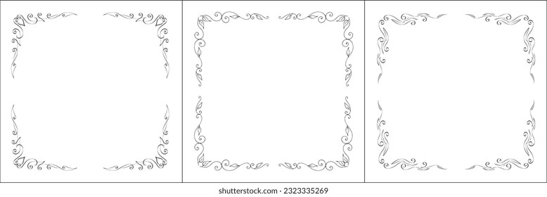 Set of three vector frames. Elegant black and white monochrome ornamental border for greeting cards, banners, invitations. Vector frame for all sizes and formats. Isolated vector illustration.