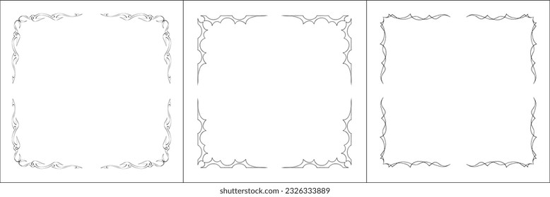 Set of three vector frames. Elegant black and white monochrome ornamental border for greeting cards, banners, invitations. Vector frame for all sizes and formats. Isolated vector illustration.