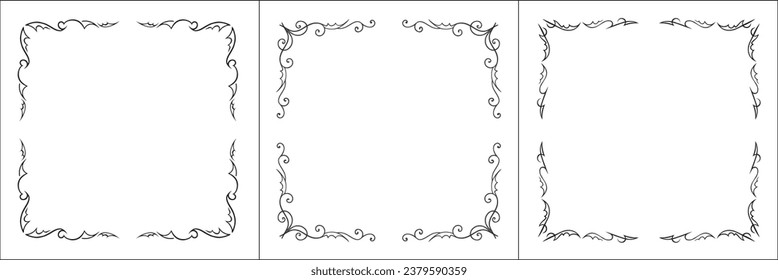 Set of three vector frames. Elegant black and white monochrome ornamental corners for greeting cards, banners, invitations. Vector frame for all sizes and formats. Isolated vector illustration.