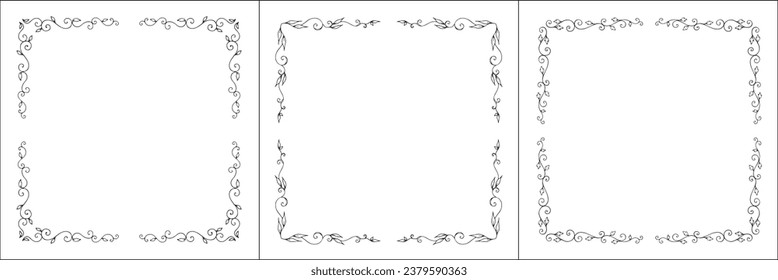 Set of three vector frames. Elegant black and white monochrome ornamental corners for greeting cards, banners, invitations. Vector frame for all sizes and formats. Isolated vector illustration.