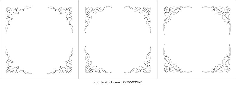 Set of three vector frames. Elegant black and white monochrome ornamental corners for greeting cards, banners, invitations. Vector frame for all sizes and formats. Isolated vector illustration.